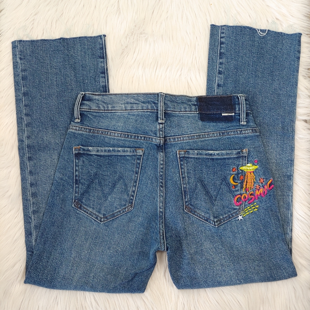New Mother jeans Cosmic embroidery Looker Ankle Fray